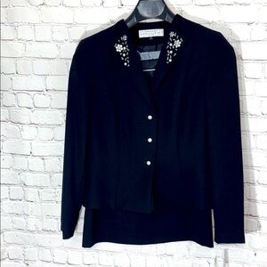 Tahari Black Textured Blazer with Embellished Collar